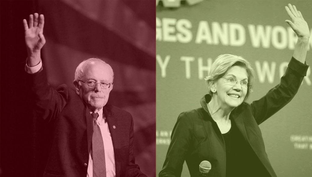 Left image: Bernie Sanders holding up his right hand; Right image: Liz Warren waving her left hand