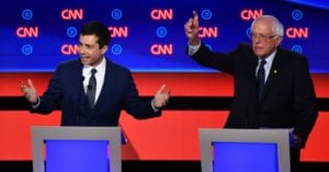 Pete Buttigieg and Bernie Sanders at one of the Democratic presidential primary debates in 2019