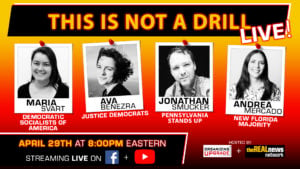 Graphic image promoting This is Not a Drill Live with photos of guests Maria Svart, Ava Benezra, Jonathan Smucker and Andrea Mercado
