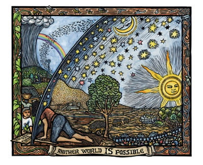 Image of art showing a tree in the middle, rainbow to the left and rising sun to the right