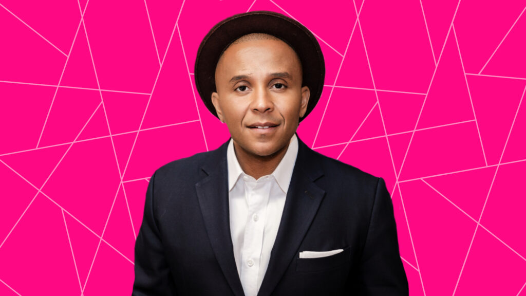 Pink background with photo of Rashad Robinson