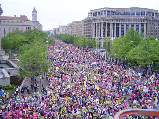 People flooding the streets during the 2017 Women's March