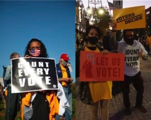 Two images side-by-side: A masked woman with dark curly hair holding a “Count Every Vote” sign, with a white man in a red baseball cap behind her texting, and two dark-haired, masked young people holding signs saying “Voters Decide” and “Let Us Vote.”