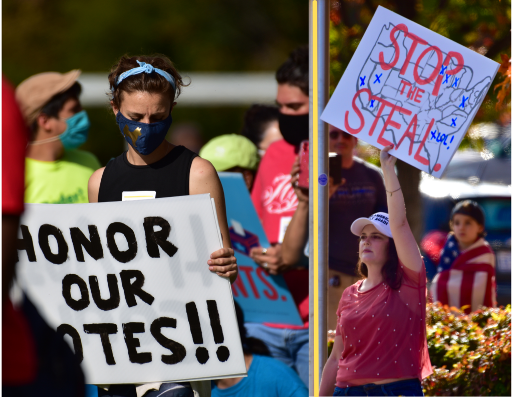 Two photos side-by-side, one showing a masked woman and friends with "Honor our votes" sign, the other a barefaced blonde waving a "stop the steal" sign.