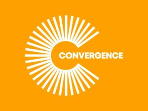 white Convergence logo in front of orange background