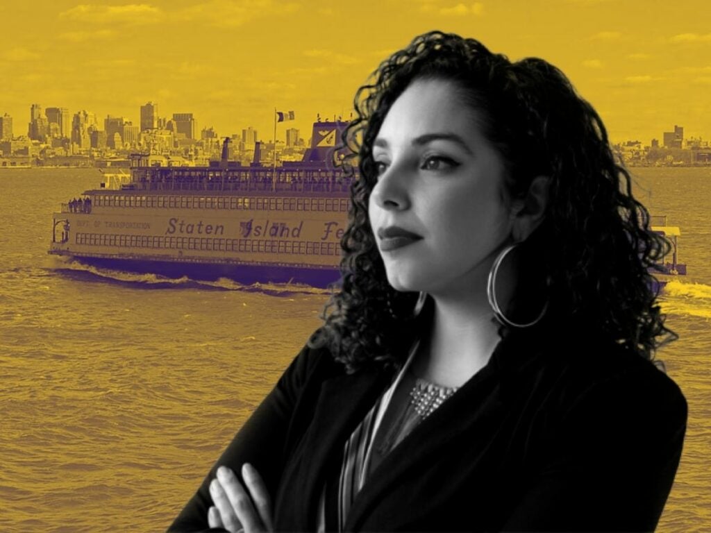 Black and white image of Brittany Ramos DeBarros crossing her arms superimposed onto a yellow-tinted image of the Staten Island Ferry