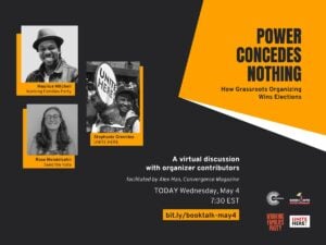 Flyer for Power Concedes Nothing book discussion with headshots of all three speakers