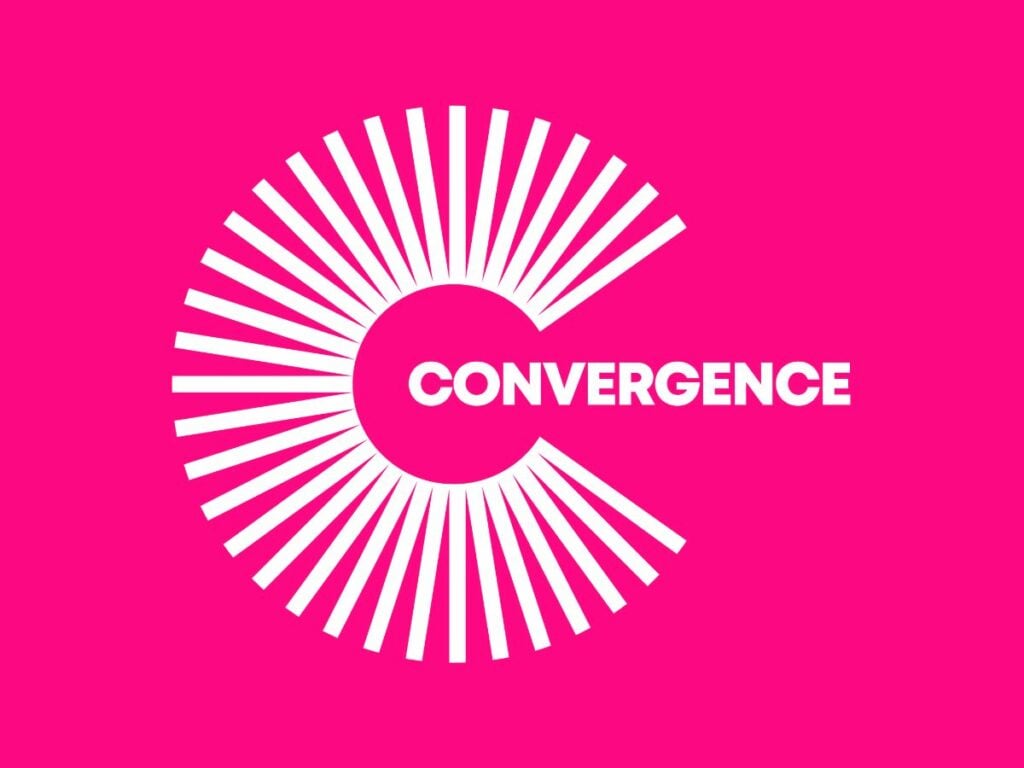 White Convergence logo over a bright pink background