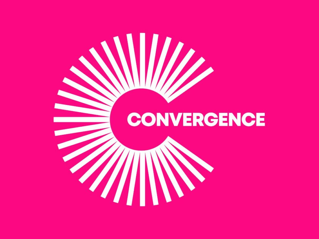 White Convergence logo over a bright pink background