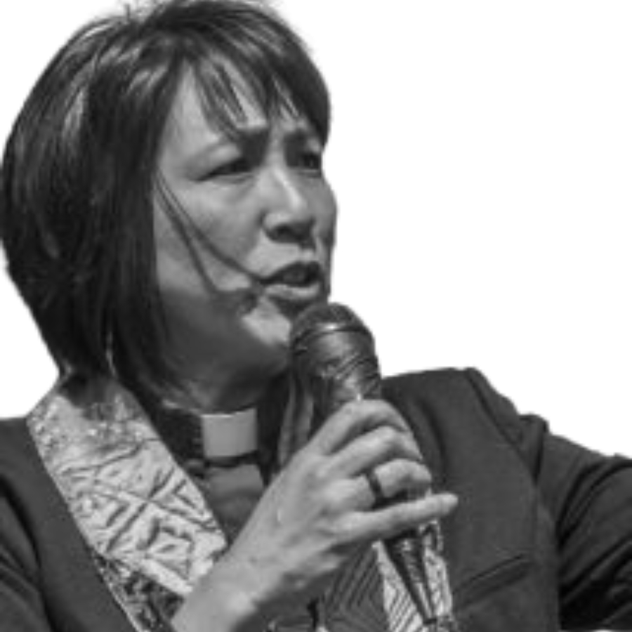 Deborah Lee holding a microphone talking