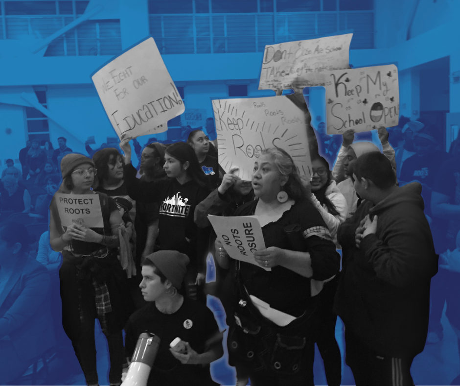 Students and parents protesting at school board meeting.