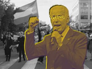 Mustard color duotone of President Biden superimposed on black and white photo of student Palestine solidarity protest. "Get Free" logo layered over Biden's eyes