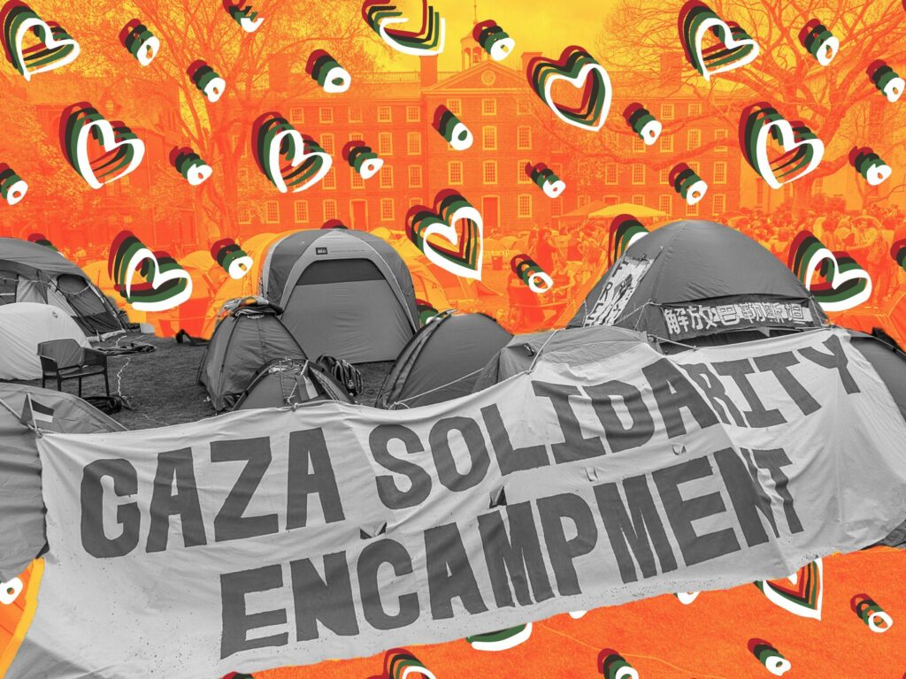 Grayscale cutout of small tents on the ground with a banner reading, "Gaza Solidarity Encamptment" across them. Background is orange with a confetti of black and white outline hearts.