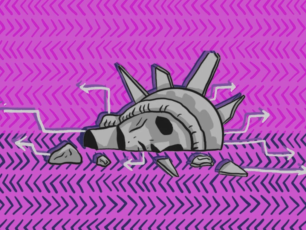 Stylized line drawing of the head of the Statue of Liberty lying on its side, with broken pieces around it and directional arrows coming out. Drawing is grayscale, background is magenta.