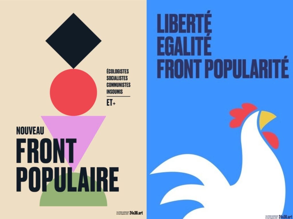 Two posters side by side. Both have bold graphics and lettering in French for the New Popular Front.