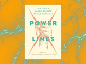 Cover of Power Lines book sits center in an orange background with blue lightning