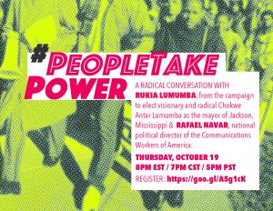 Graphic image treated with a neon green tint that says #PeopleTakePower
