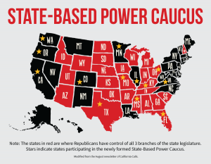 Map of the US with states colored in red to indicate which states belong to the State Based Power Caucus