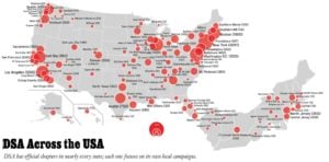 Map that has red pins to depict places where there is a DSA chapter