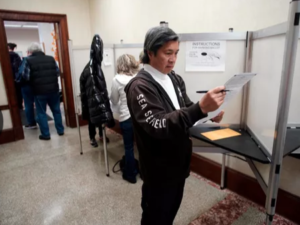 Photo of a woman in a voting booth