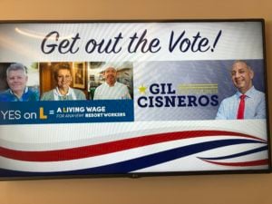 Photo of a piece of direct mail sent by Gil Cisneros with his image and the words Get Out the Vote