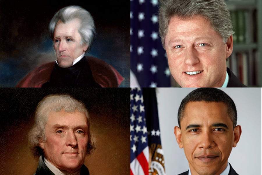 Top left: Andrew Jackson; Bottom left: Thomas Jefferson; Top right: Bill Clinton; Bottom right: Barack Obama