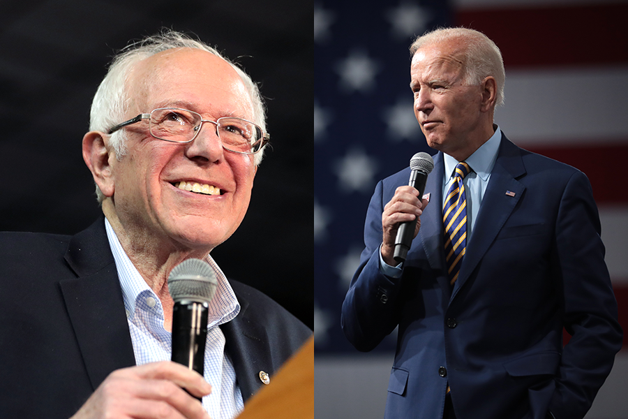 Left photo: Bernie Sanders smiling with a microphone in his hand, Right image: Joe Biden speaking into a microphone