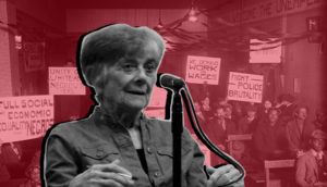 Photo of Frances Fox Piven superimposed on a red background watermark of people of protesting