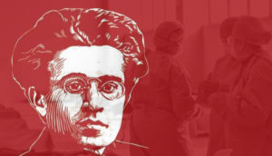 Black and white image of a man with glasses over a red watermarked globe