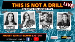 Graphic image advertising This is Not a Drill with photos of Andrea Mercado, Jessica Byrd,Tomás Garduño, and Elianne Farhat