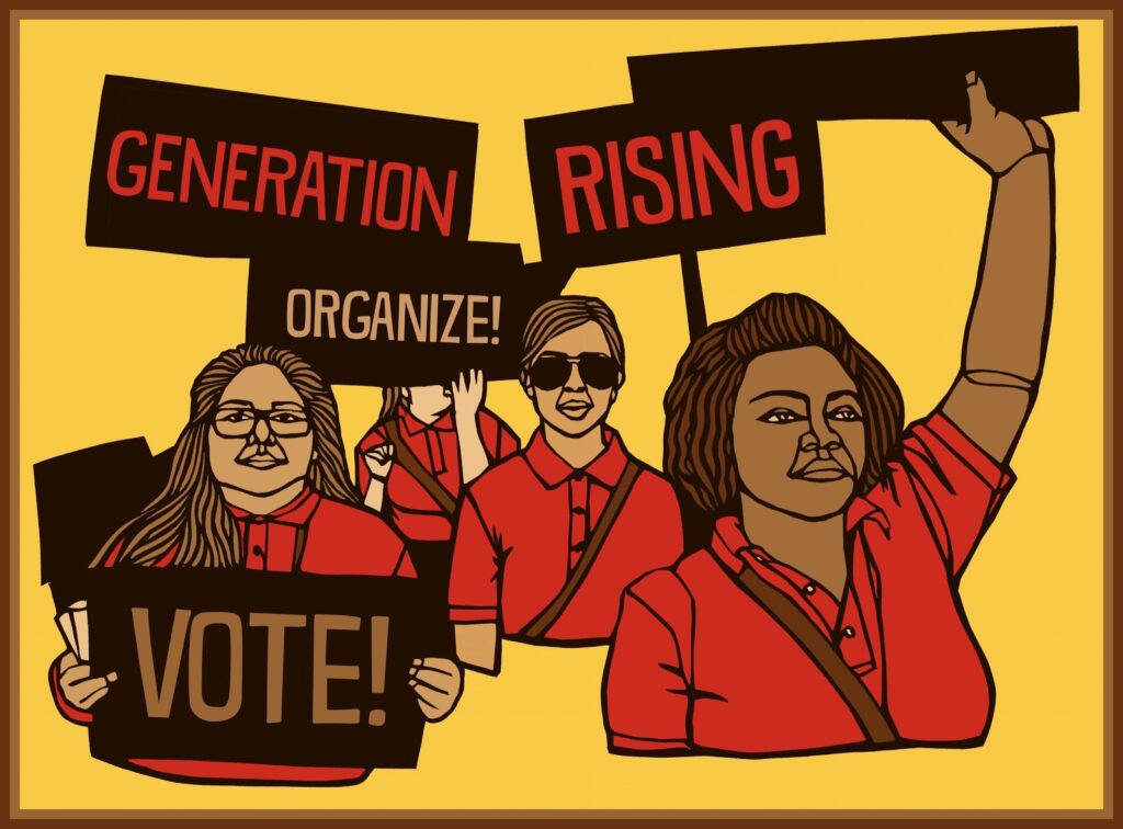 Arrwork depicting people wearing red shirts holding signs that say "Vote"