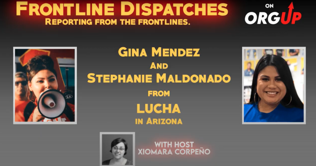 Graphic with images of Frontline Dispatches host Xiomara Corpeño and guests Gina Mendez and Stephanie Maldonado