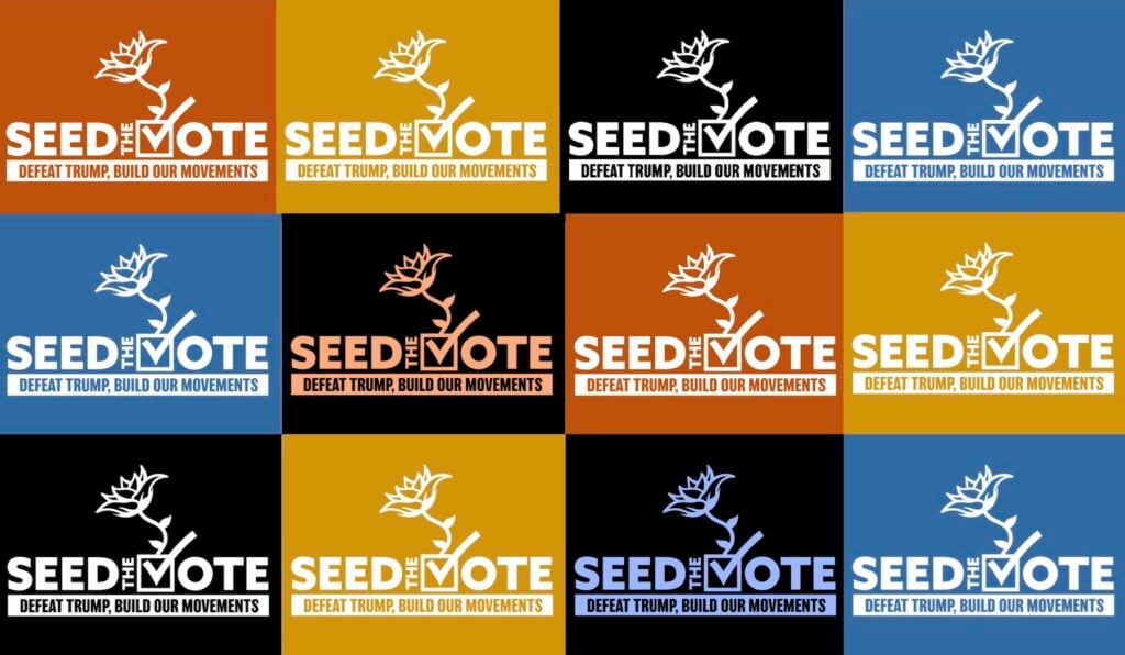 Repeated graphic image that says Seed the Vote with a variety of colored backgrounds