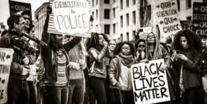 Black and white image of protesters at a Black Lives Matter Protest