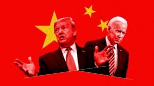 Donald Trump and Joe Biden superimposed over a red background with yellow stars