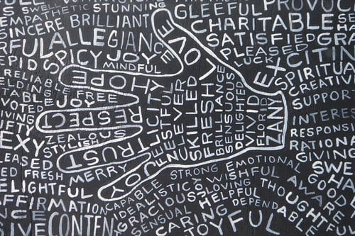 Black chalkboard with white chalked word clouds