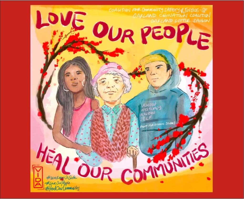 : Drawing of two women and one man of different Asian ethnicities, with cherry blossoms and text: Love Our People, Heal Our Communities