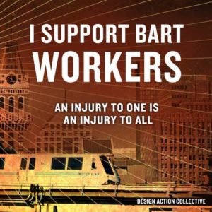 Graphic image showing a BART train with text overlay that says I Support BART Workers An injury to one is an injury to all