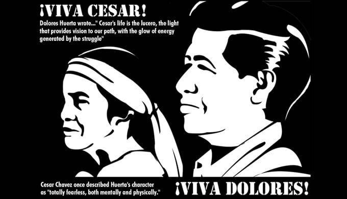 Black and white image with the faces of Delores Huerta and Cesar Chavez