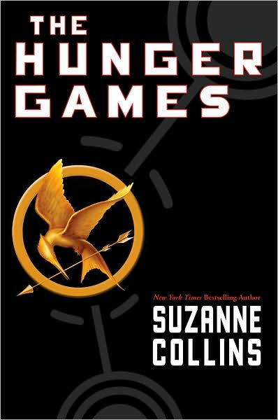 Image of the cover of Hunger Games: Black background with a gold circle with a bird in it. Cover says The Hunger Games Suzanne Collins
