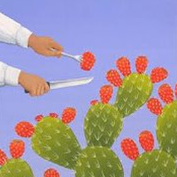 Cartoon image of someone holding a fork with a flower from the cactus in the image on the prongs of the fork