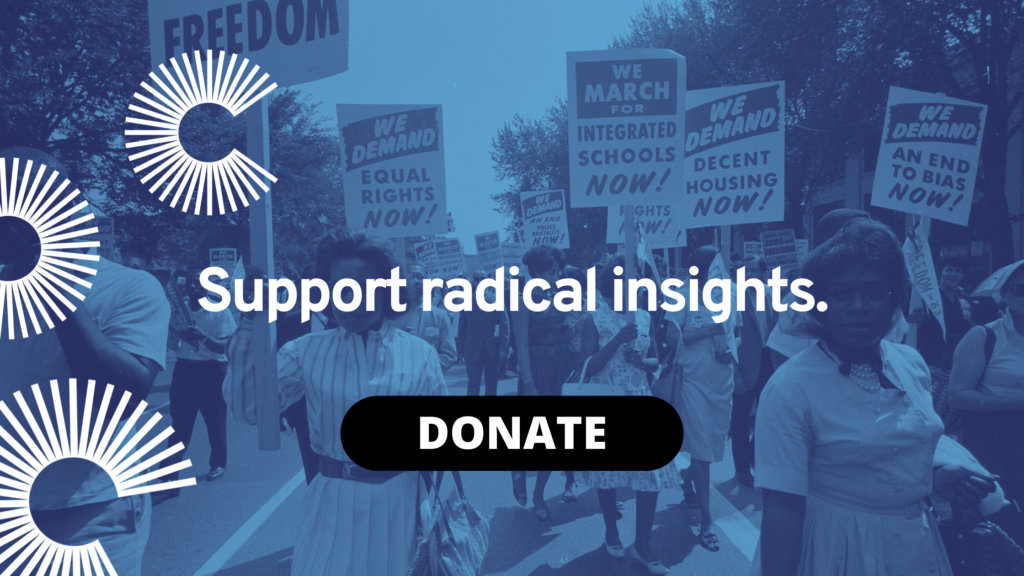 Floating "C" logos, text: Support radical insights. Donate