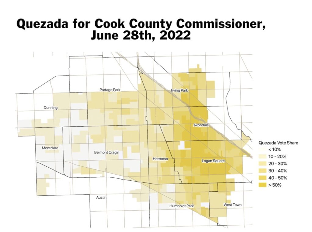Map of Cook County, IL 8th District showing Anthony Quezada vote percentage by precinct in June 28, 2022 primary for Cook County Commissioner.