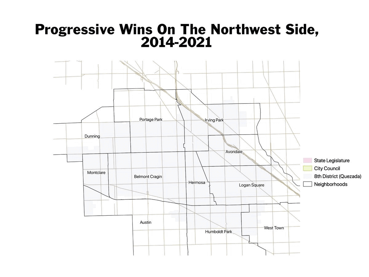 Animated graphic that highlights regions of Northwest Chicago where Progressive candidates won races throughout 2014-2021. The title reads "Progressive Wins of the Northwest Side 2014-2021."