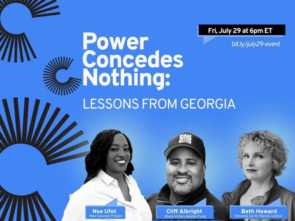 Power Concedes Nothing event flyer with headshots of each speaker