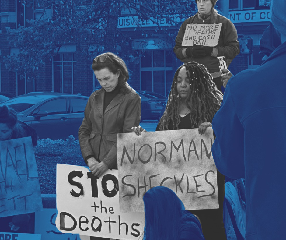 Vigil at the Louisville jail on Jan. 10, 2023 after the thirteenth death in the jail in just over a year. Three people hold signs that say "stop the deaths" "norman scheckles" and "no more deaths end cash bail"